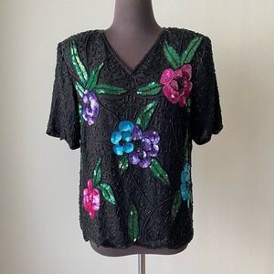 VTG Stenay Black Silk Beaded Floral‎ V Neck 90s Blouse Top sz S mob wife